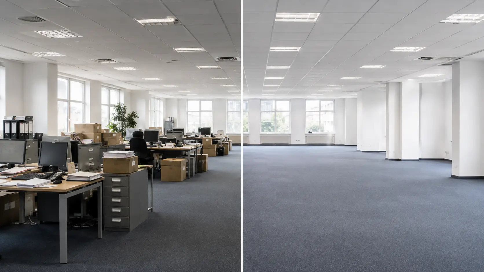 Open space de bureaux avant et après un débarras EcoTri Services : plateau encombré de mobilier et cartons transformé en espace vide et propre