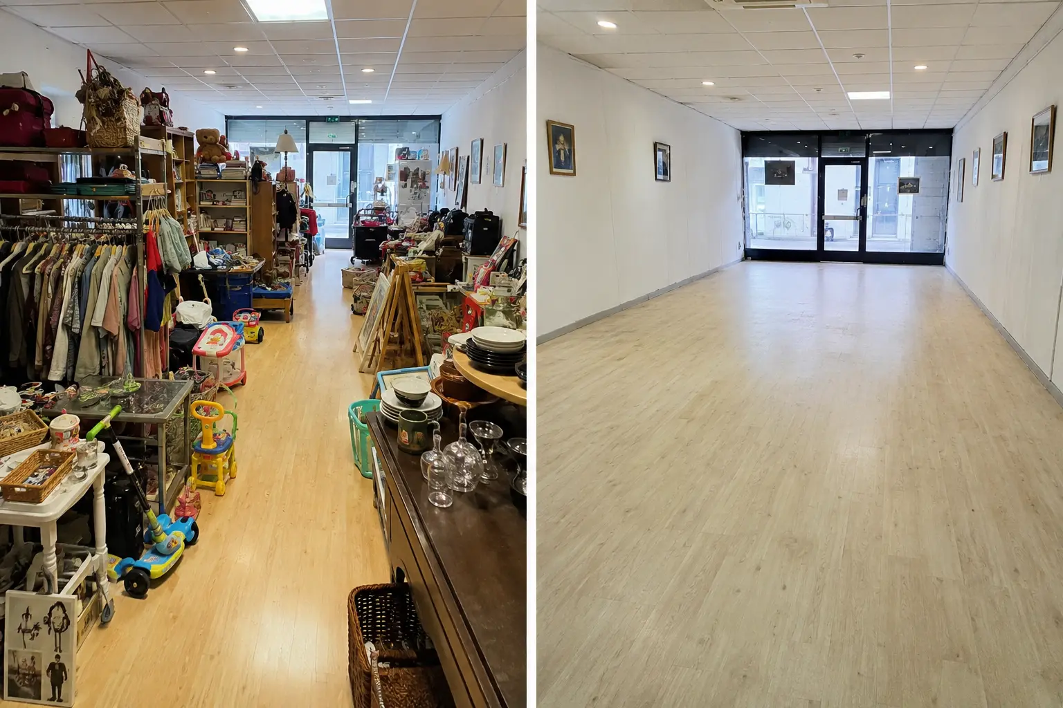 Petit commerce avant et après un débarras EcoTri Services : boutique pleine de mobilier et d'articles transformée en local vide prêt à relouer