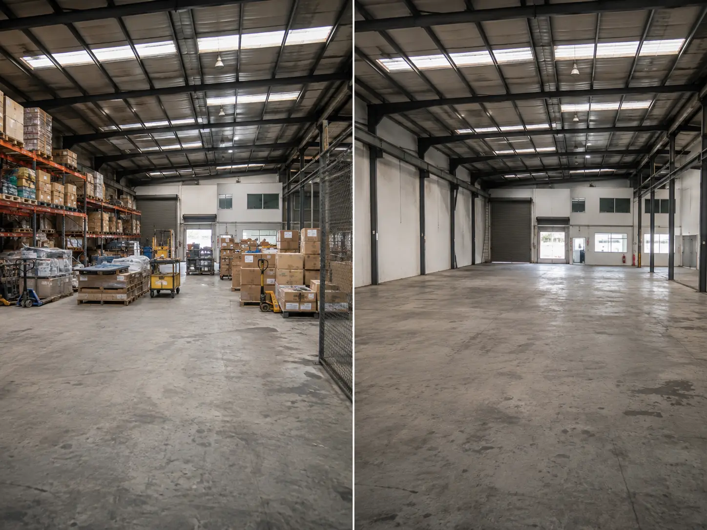 Entrepôt industriel avant et après un curage EcoTri Services : racks chargés de palettes et cartons transformés en surface entièrement dégagée