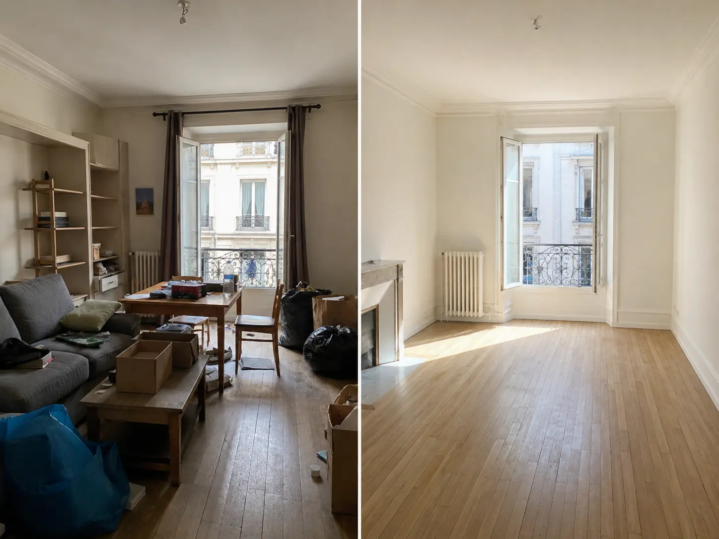 Appartement parisien avant et après un débarras EcoTri Services : pièce encombrée de mobilier et cartons transformée en logement vide prêt à relouer