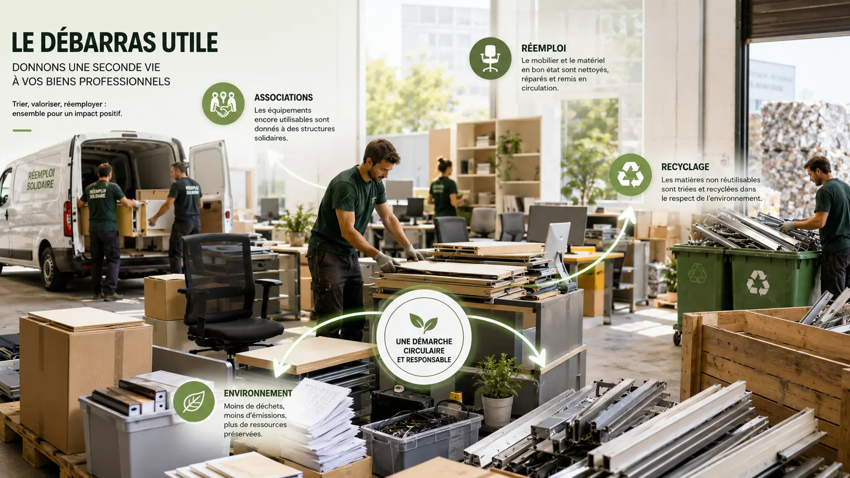 Schéma illustré de la démarche EcoTri Services : réemploi, don aux associations, recyclage et impact environnemental, avec une équipe triant du mobilier de bureau